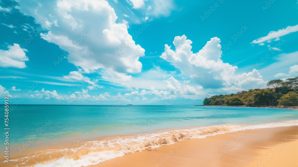 Beautiful tropical beach with blue sky and abstract texture background of white clouds. Summer vacation and vacation business travel concept. Copy space