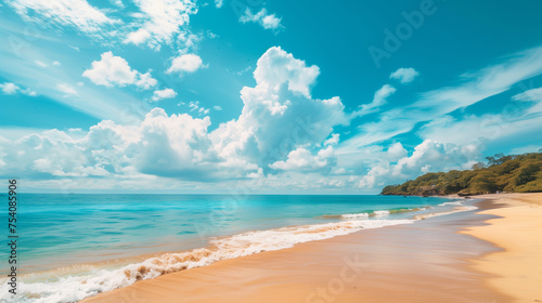 Beautiful tropical beach with blue sky and abstract texture background of white clouds. Summer vacation and vacation business travel concept. Copy space