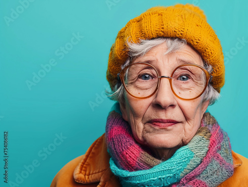 Portrait of an unhappz senior retired woman , grez color background banner with copz space  photo