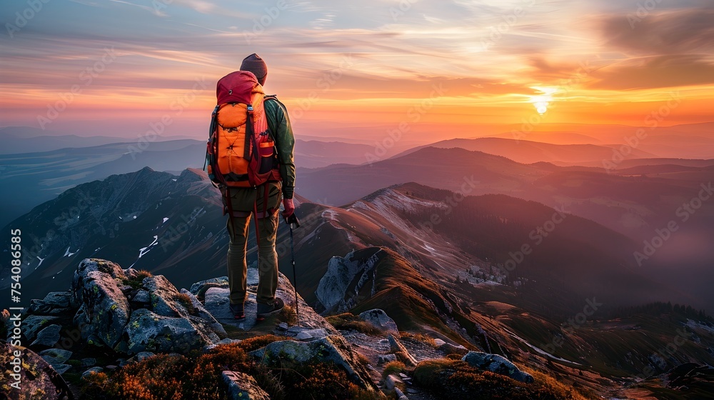 Fototapeta premium Hiker at Mountain Summit Overlooking Sunset Valley with Adjoining Peak