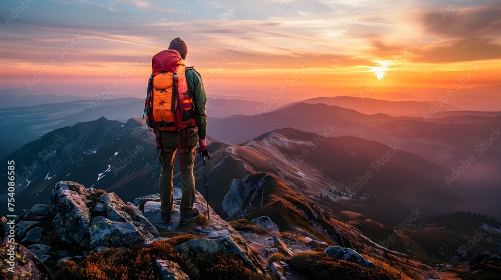 Hiker at Mountain Summit Overlooking Sunset Valley with Adjoining Peak