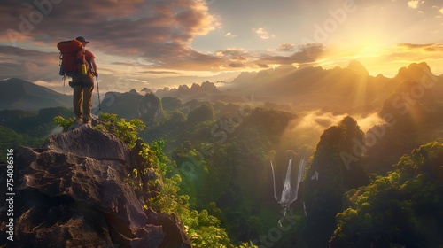 Backpacker Overlooking Lush Valley and Waterfalls at Sunset, To convey a sense of adventure, exploration, and connection with nature through the