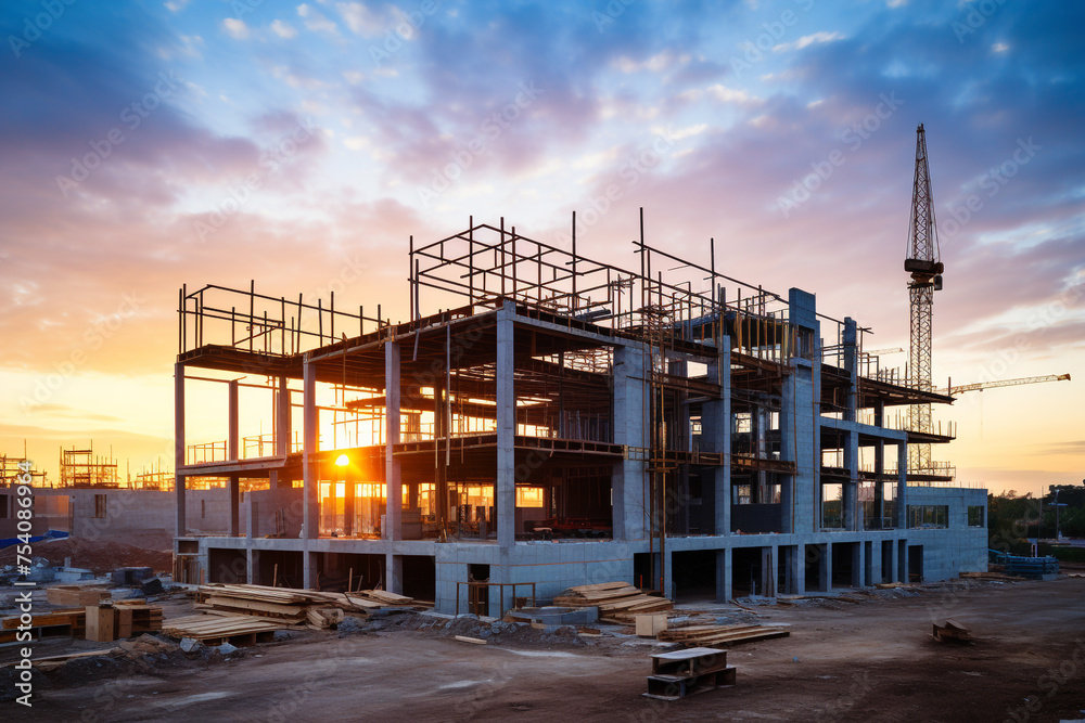 Construction site of large residential commercial building, some floors already built. Metal structure with evening sky sunset background