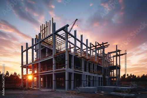 Construction site of large residential commercial building, some floors already built. Metal structure with evening sky sunset background photo