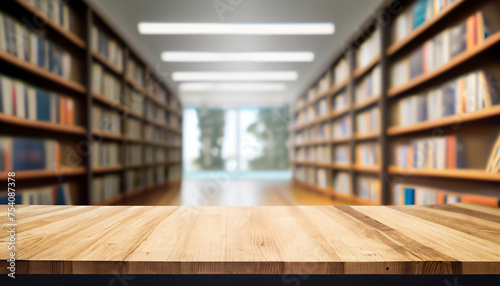 Empty wooden table and modern library background  product display. work desk for your products