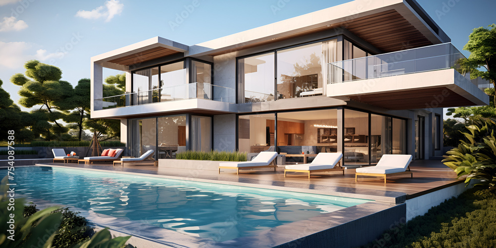 luxury swimming pool, Modern house model for sale with office background, Modern real estate exterior architecture of luxury, Modern luxury villa house design open concept with pool, Generative AI
