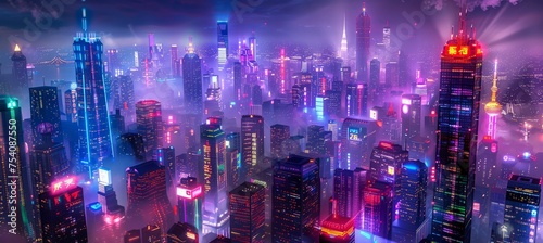 A mesmerizing view of a futuristic city skyline at nighttime, adorned with illuminated skyscrapers and vibrant neon lights, creating a stunning urban landscape