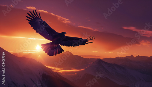 An eagle flies against a stunning sunset over mountain peaks © Seasonal Wilderness