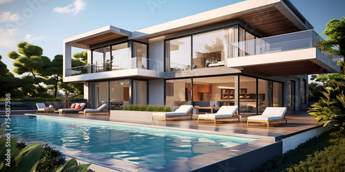 luxury swimming pool, Modern house model for sale with office background, Modern real estate exterior architecture of luxury, Modern luxury villa house design open concept with pool, Generative AI 