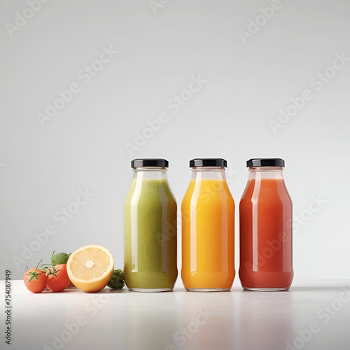 Three bottles of natural vegetable or fruit juices with black caps without labels isolated on a white background.