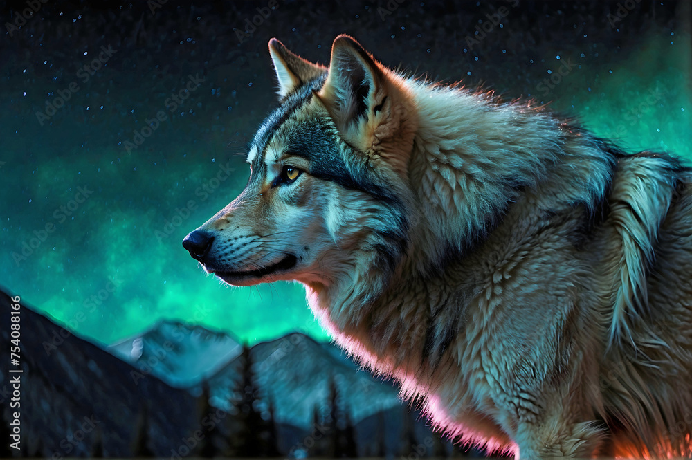  Neon and Northern Lights Background of a Grey Wolf Profile