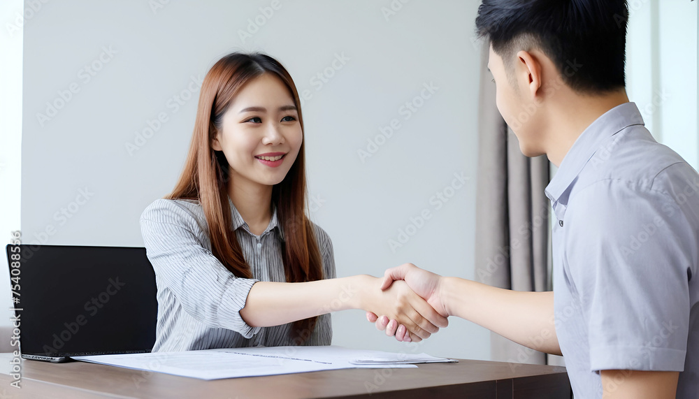 Sell agent, success deal Asian young woman handshake or shaking hands with landlord realtor, client male after buyer man signed rental, lease contract. Banker agreement mortgage loan, property lease. Sell agent, success deal Asian young woman handshake or shaking hands with landlord realtor, client male after buyer man signed rental, lease contract. Banker agreement mortgage loan, property lease.