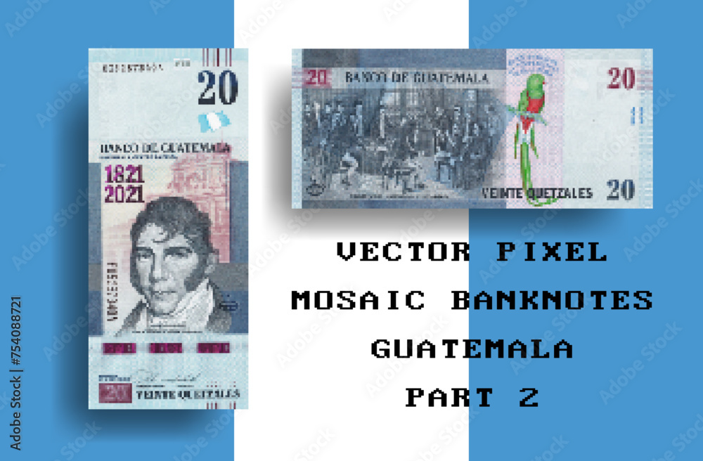 Vector pixel mosaic banknote of Guatemala. Note in denominations of 20 Quetzales. Play money or flyers. Part 2