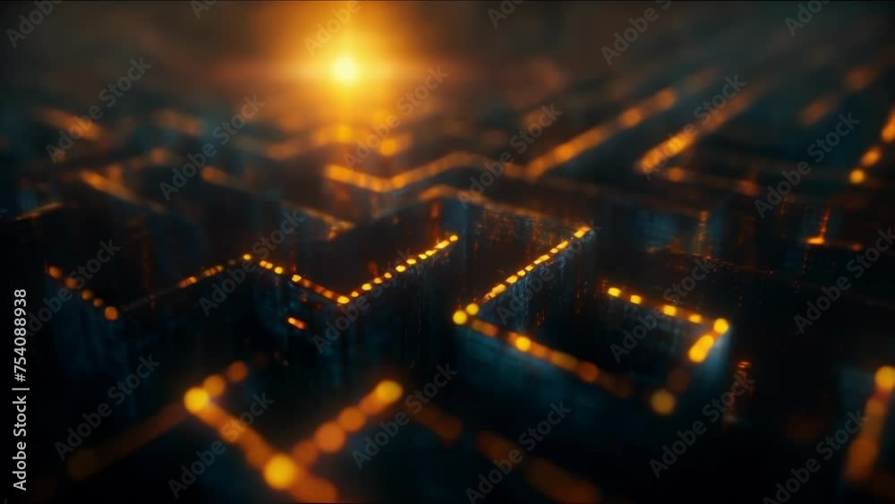 A maze with a clear path leading to a shining light at the end representing the challenges and obstacles faced on the road to success in business. A maze with a clear path leading to a shining light at the end representing the challenges and obstacles faced on the road to success in business.