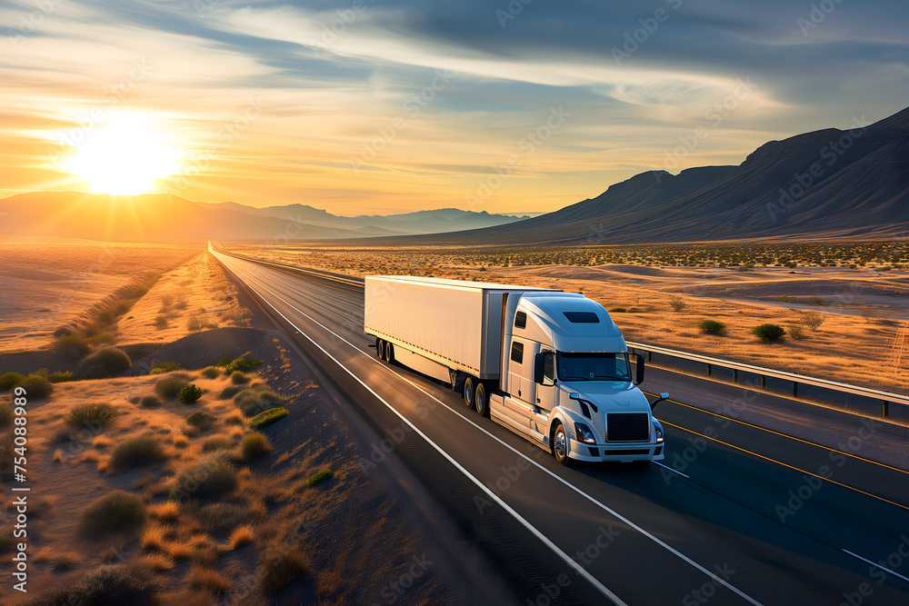 Obraz premium American long-nose semitruck on a highway. Neural network generated image. Not based on any actual scene or pattern.