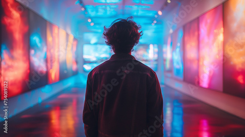 Rear view of a man standing looking at art. A diverse and brightly colored neon art installation in a contemporary gallery.