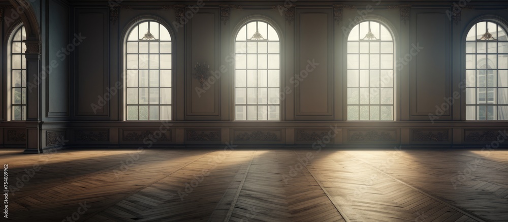 An empty room with a wooden floor is illuminated by three windows, casting shadows across the space. The room is devoid of any furniture or decor, creating a sense of spaciousness and simplicity. An empty room with a wooden floor is illuminated by three windows, casting shadows across the space. The room is devoid of any furniture or decor, creating a sense of spaciousness and simplicity.