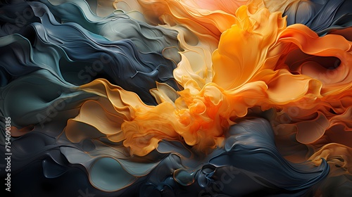 Radiant amber and deep indigo liquids explosively merging, creating a visually stunning abstract display captured in high definition photo