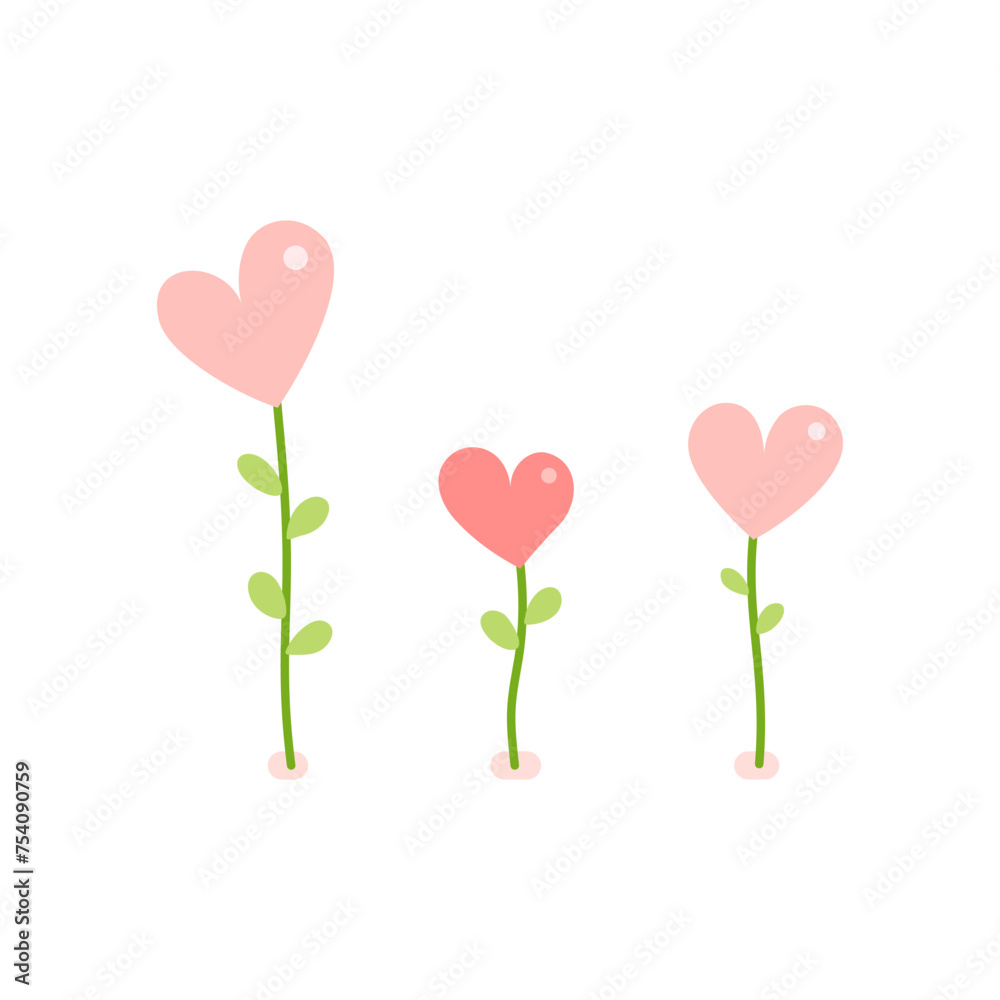 Pink heart plants on white background. Valentine's Day card illustration.