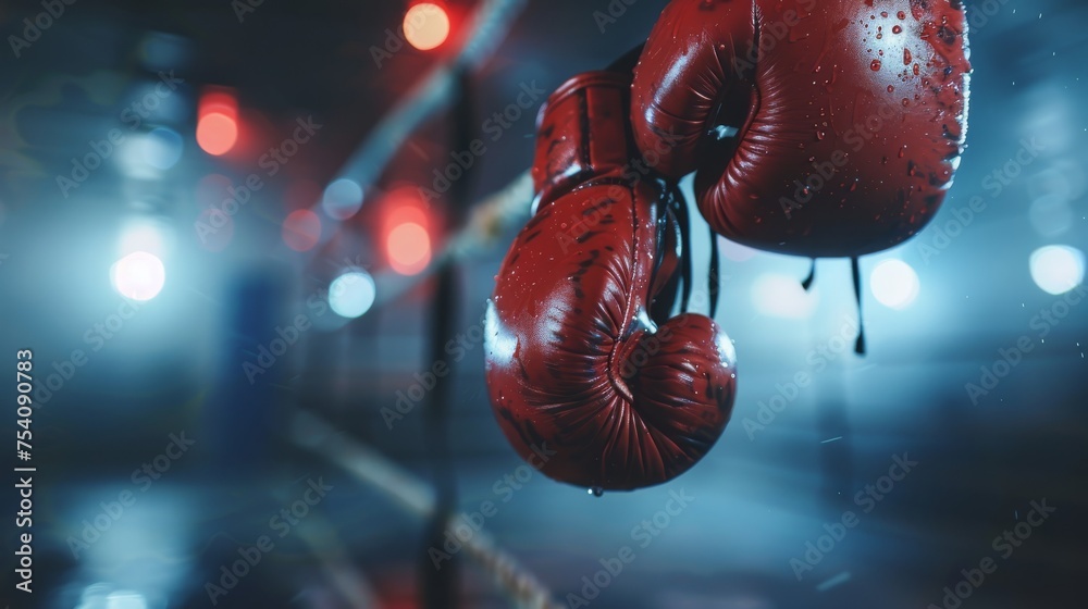 Boxing gloves hang from the boxing ring in the camp.