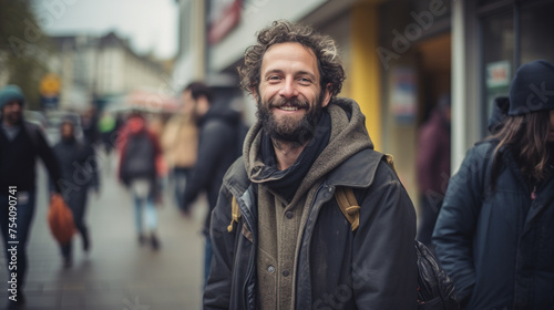 A young homeless guy with messy hair wearing a worn out clothes jacket smiling for the camera photo