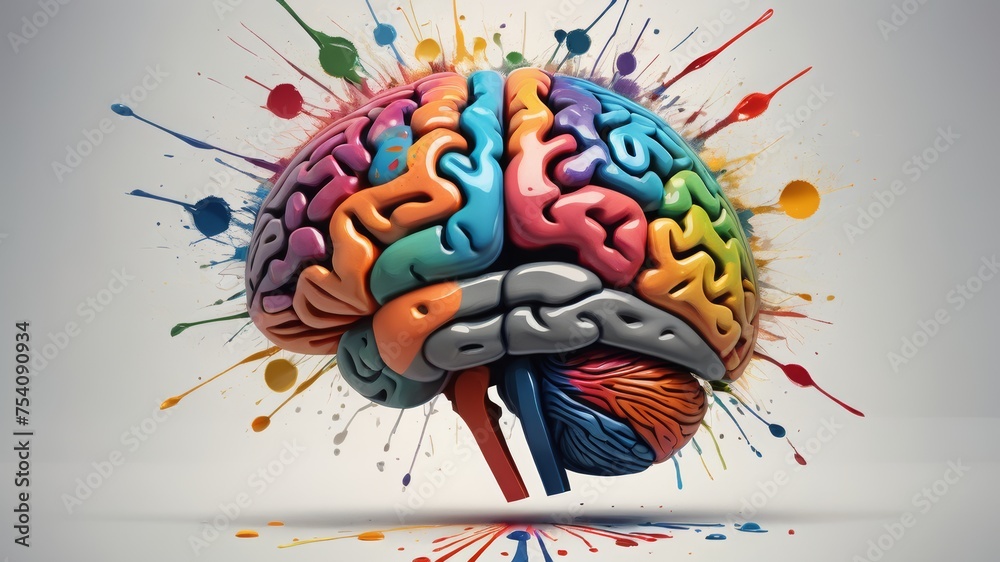 Left right human brain concept. Creative part and logical part with social and business part. Creative art brain explodes with paint splatter. Mathematical successful mindset with formulas