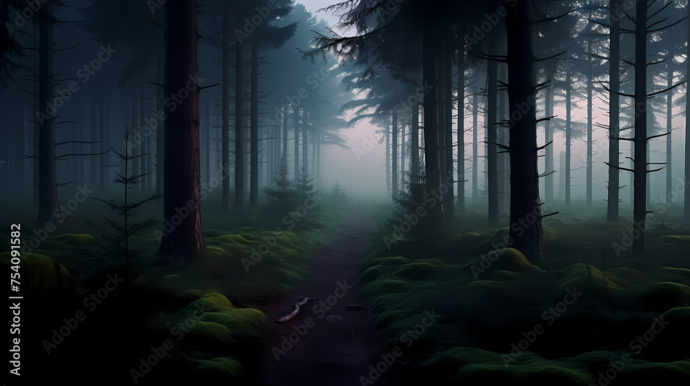 Obraz premium foggy forest at night,mysterious dark forest at night