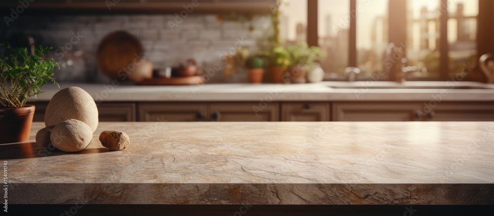 A teddy bear sits on a stone kitchen counter, with a blurred kitchen interior in the background. The adorable plush toy adds a touch of charm to the culinary space. A teddy bear sits on a stone kitchen counter, with a blurred kitchen interior in the background. The adorable plush toy adds a touch of charm to the culinary space.