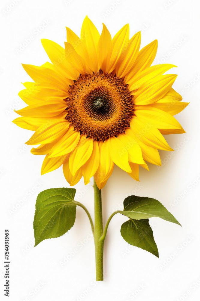 Fototapeta premium Vibrant Sunflower Beauty: A Macro Closeup of a Yellow Sunflower with White Petals and a Green Leaf, Isolated on a Sunny Background for Gardening and Nature Flora Botany Enthusiasts