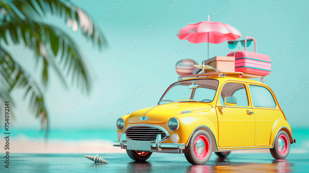 Vintage yellow car with suitcases and beach equipment ready. Ideas for summer holidays Creative travel with photocopy space