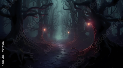 foggy forest at night,mysterious dark forest at night © Derby