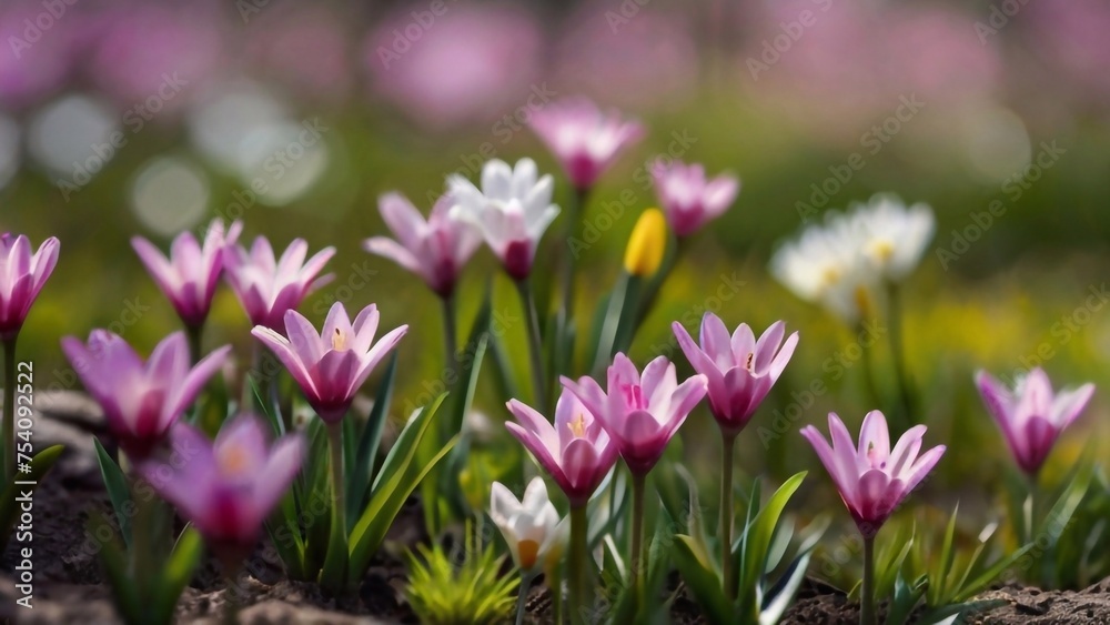 Spring flowers on green lawn, flooded with bright sunlight, blurred background. Generative AI. Spring flowers on green lawn, flooded with bright sunlight, blurred background. Generative AI.