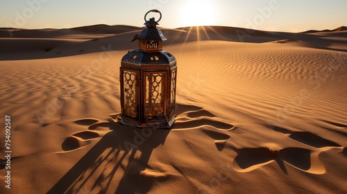 Vibrant cultural tradition: breaking fast in desert sands with intricate lantern shadow carvings 