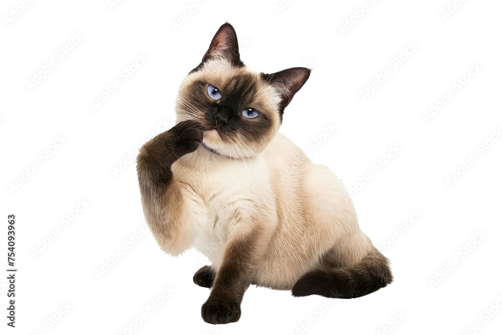Siamese Cat Sitting and Playfully Raising Paw, Expressing Curiosity and Playfulness.