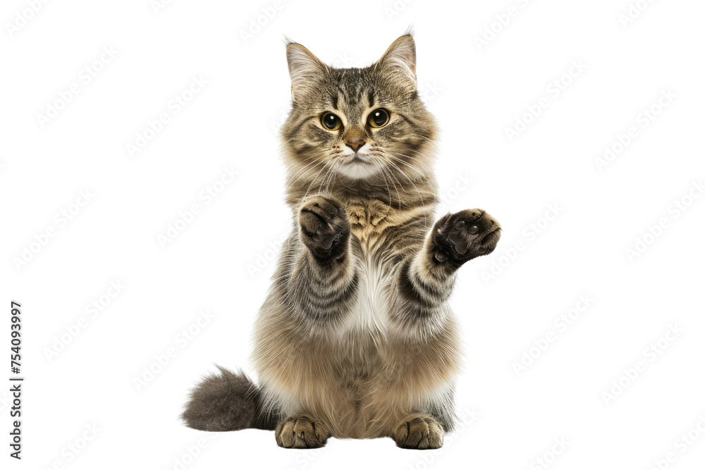 Obraz premium Fluffy Tabby Cat Standing on Hind Legs, Showing Playful Behavior and Curiosity.