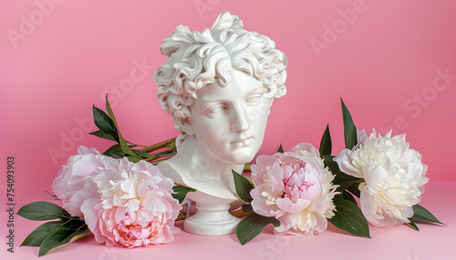 Ancient woman Statue with peonies flowers wreath