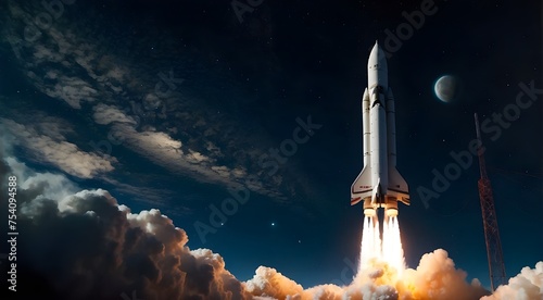 startup idea: firing a rocket from a laptop Launching into space, the space launch system lifts off into the night sky. Digital depiction of a laptop and space rocket shuttle taking off while emitting