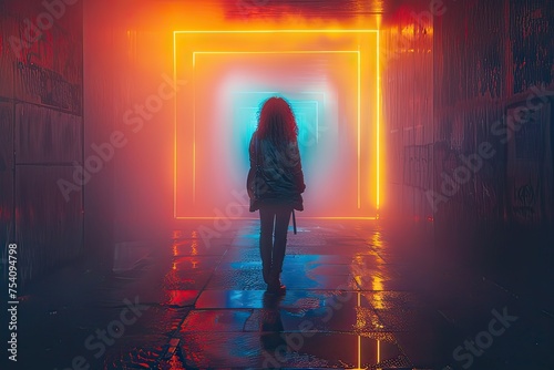 Vibrant neon lights provide an appearance of endless depth down a hallway. Orange Red-Glowing Pylons Concrete with Cement Hallway Tunnel Corridor Gallery Stage of the Dark Underground Garage Science 