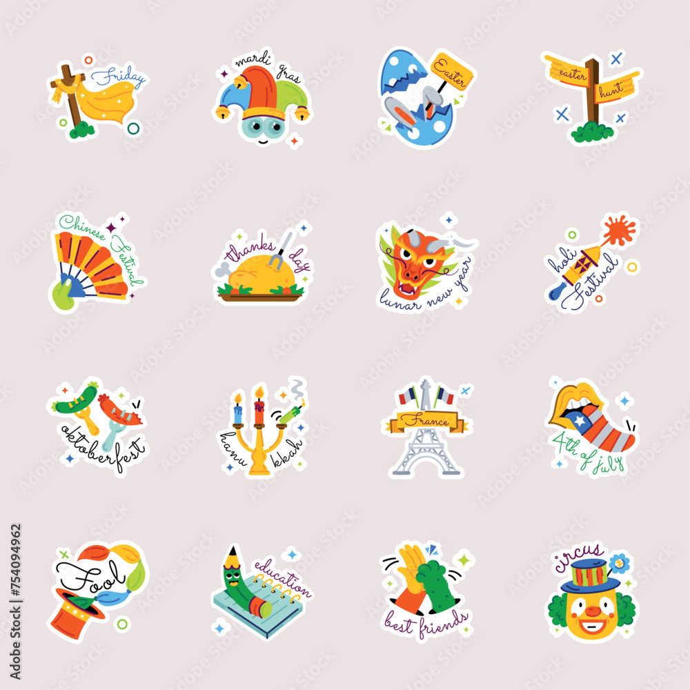 Trendy Flat Stickers Depicting Global Celebrations 

