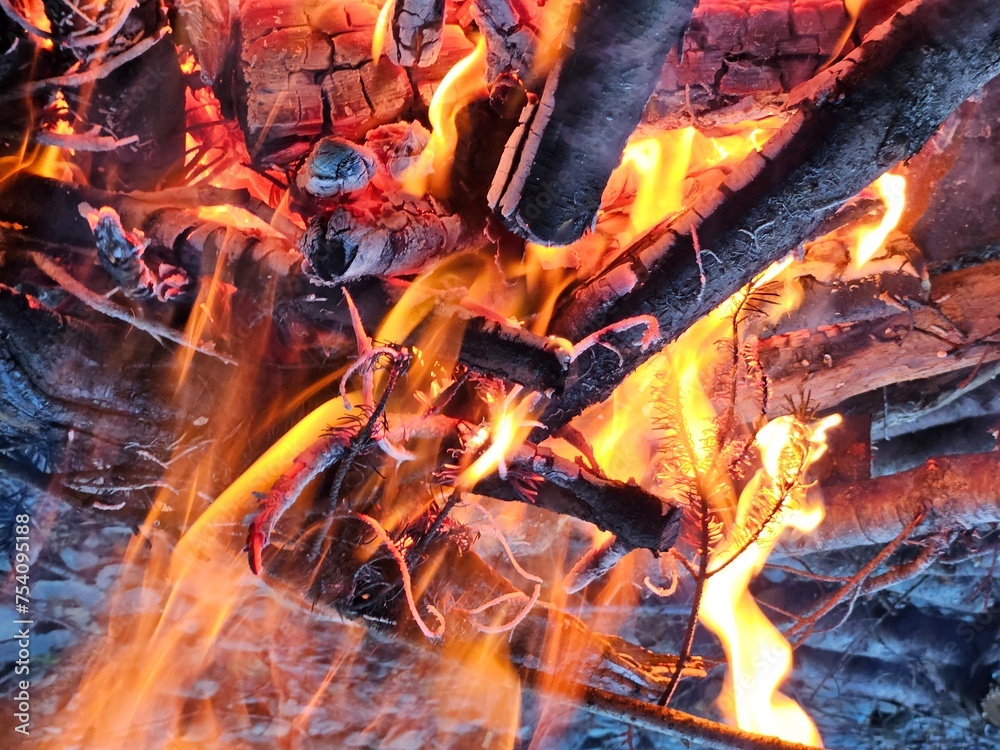 Fototapeta premium Flames from wood fire in the campground in a fire pit made from rocks in the forests of Washington State