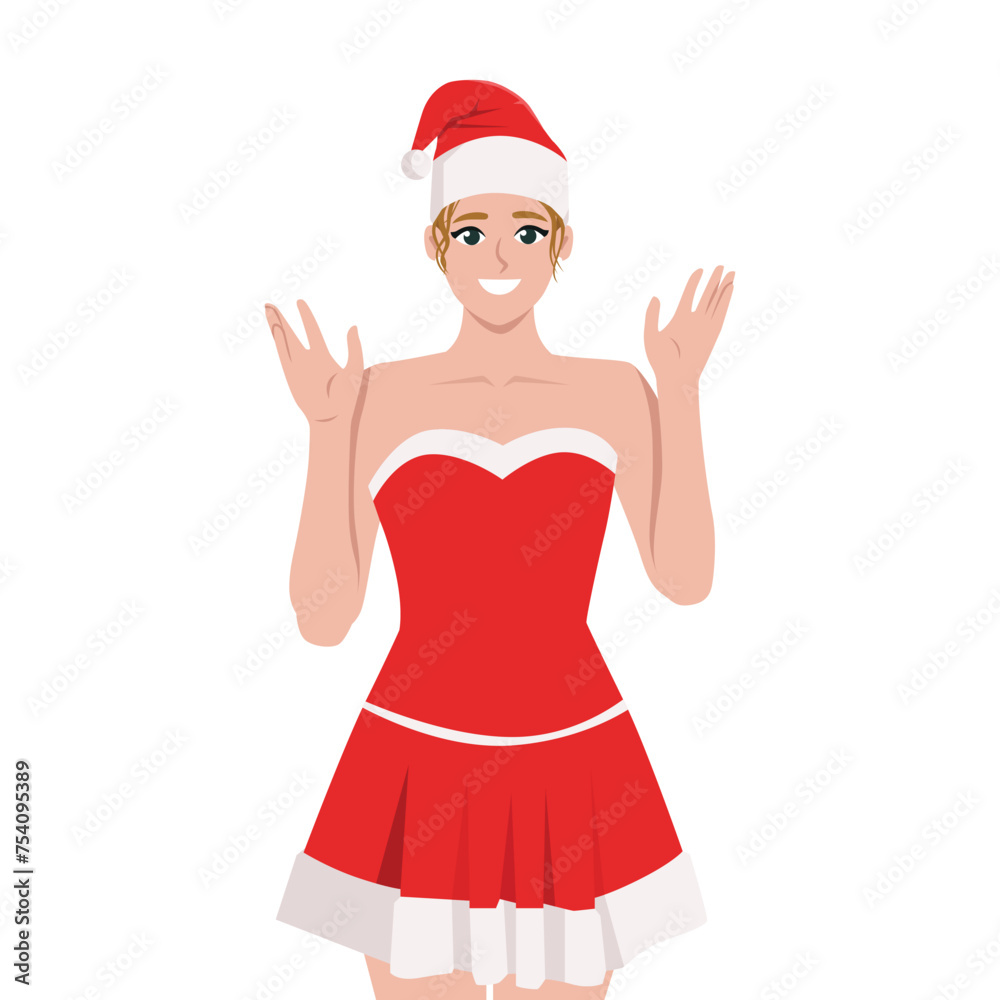 Happy woman dressed as Santa Claus smiling. Flat vector illustration isolated on white background Happy woman dressed as Santa Claus smiling. Flat vector illustration isolated on white background