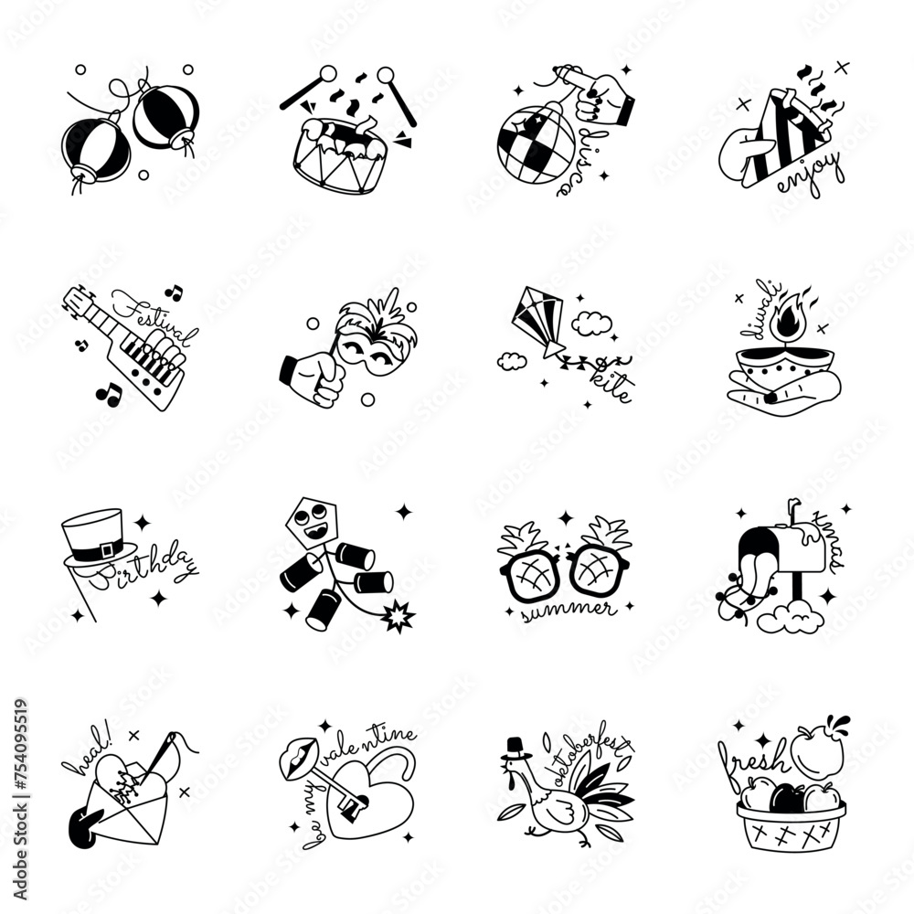 Fototapeta premium Set of 16 National Festivals Glyph Stickers