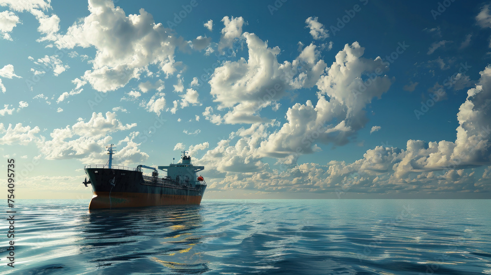 Fototapeta premium A lao ofrge ocean-going ship carrying cargo contrasts with the blue sky