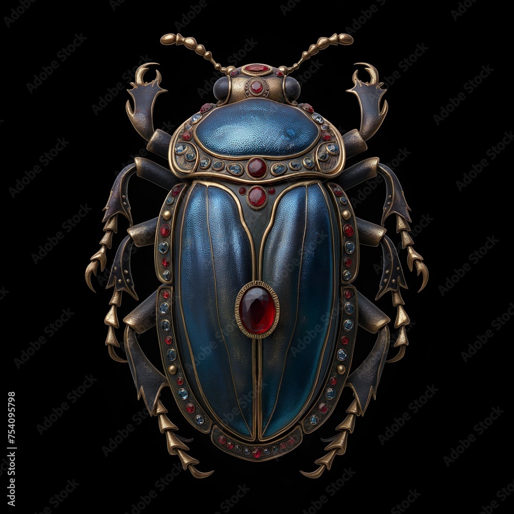 Fototapeta premium Royal Brooch In The Form Of A Scarab Beetle With A Precious Stone. Illustration On The Theme Of Jewelry And Jewelry, Objects, Decorations. Generative AI