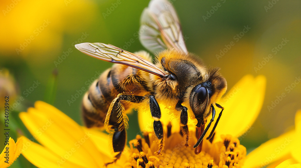 Bee on yellow flower in nature. Macro shot Bee on yellow flower in nature. Macro shot