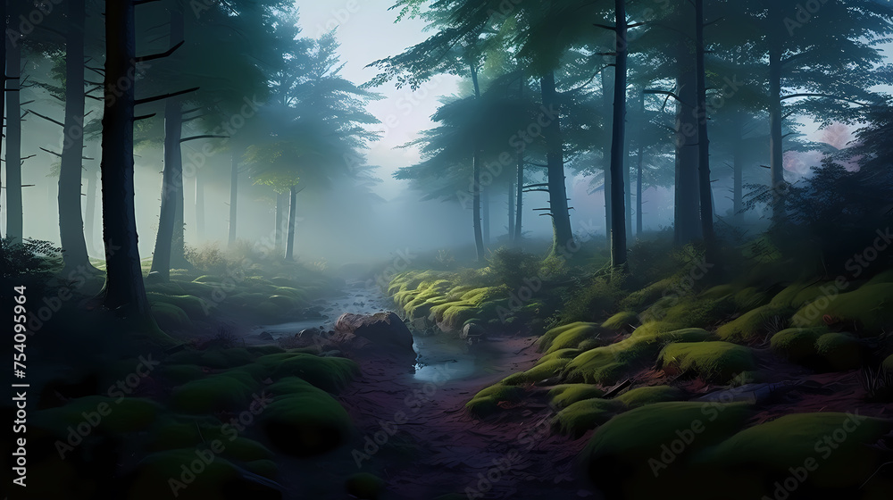 Obraz premium foggy forest at night,mysterious dark forest at night