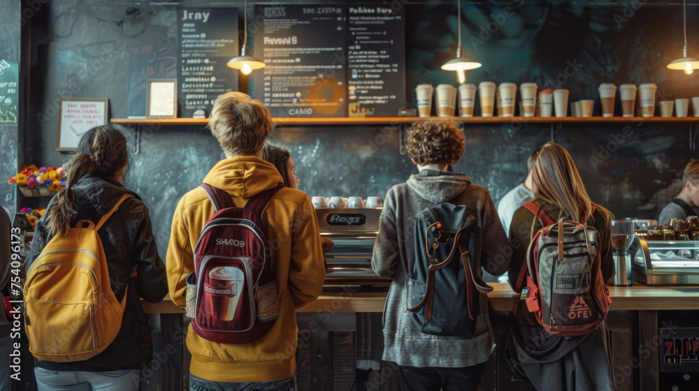 Young people line up to buy coffee at a popular shop - obrazy, fototapety, plakaty 