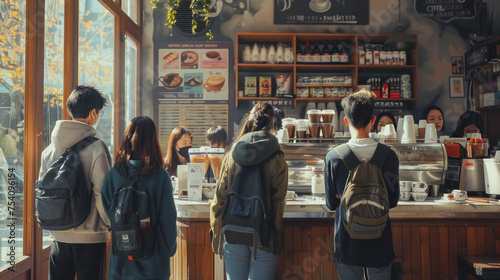Young people line up to buy coffee at a popular shop