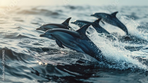 dolphins playing happily in the middle of the ocean © lamphun