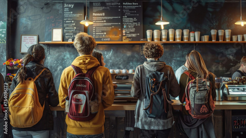 Young people line up to buy coffee at a popular shop
